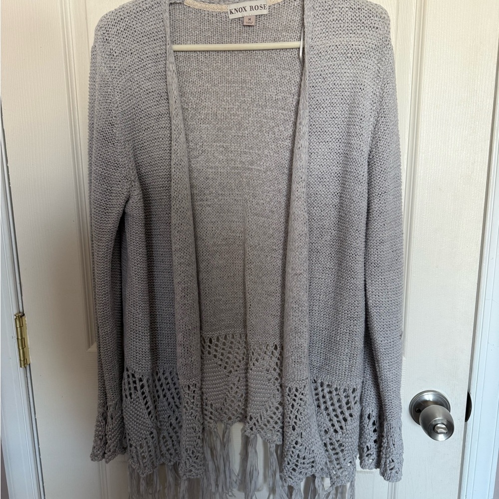 Knox Rose Light Gray Fringe Cardigan
